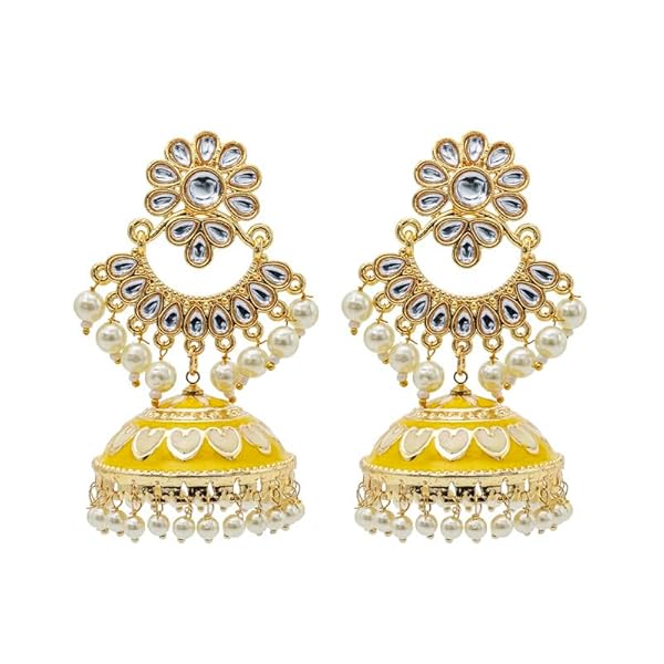 Shining Jewel Traditional Indian Gold Plated Kundan CZ, Crystal Meenakari,Enamel Studded Jhumka Chand Bali Earring For Women - Gold,Pink (SJE_142_G_P)