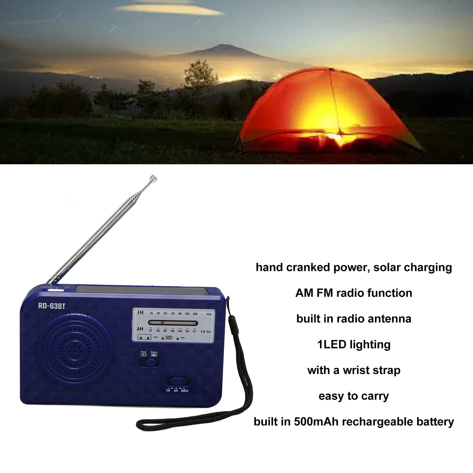 Cuifati Solar Hand Crank Emergency Radio with LED Flashligh, Portable FM AM Weather Radio with Emergency Siren Sound, USB Rechargeable Battery Powered Radio, for Outdoor Camping (Blue)