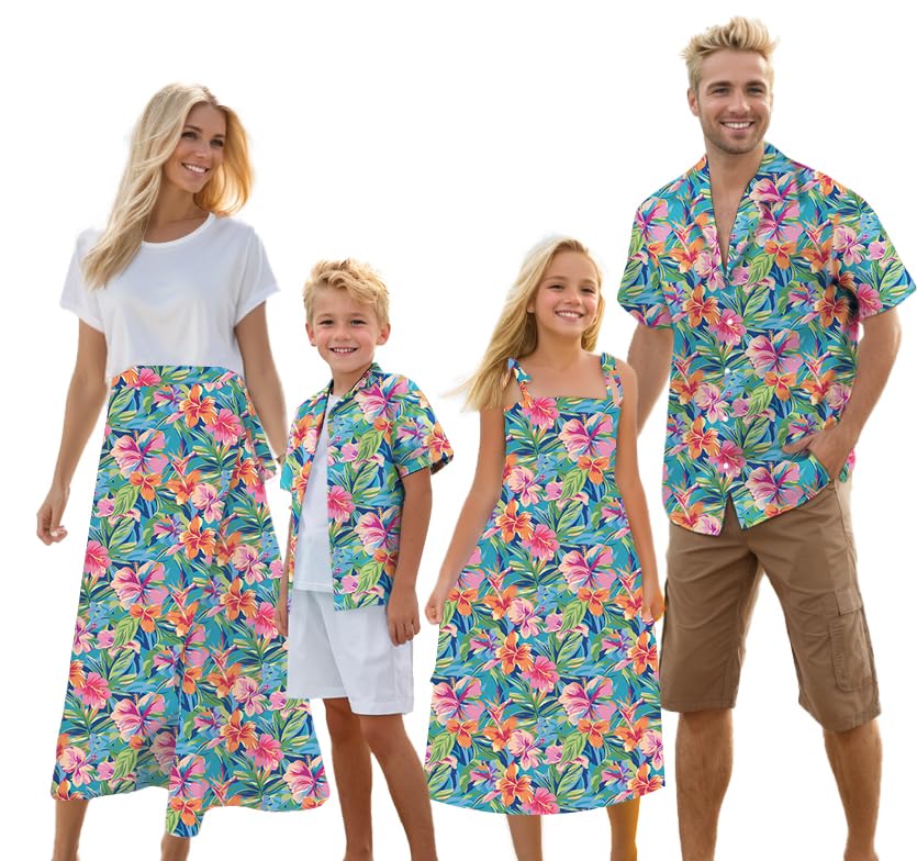 Image of Cromoncent Matching Hawaiian Outfits for Family, Dad and Son Matching Luau Beach Tropical Shirts Mommy Daughter Tropical Sets
