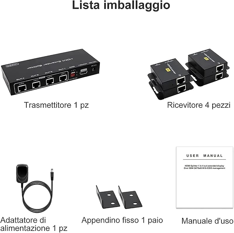 VEDINDUST HDMI Splitter Elosztó 1-4 Kimenettel - 50m Jeltovábbítás Cat5e/6/7 Kábelen - 1080p Felbontás - EDID Funkció - POC Technológia
