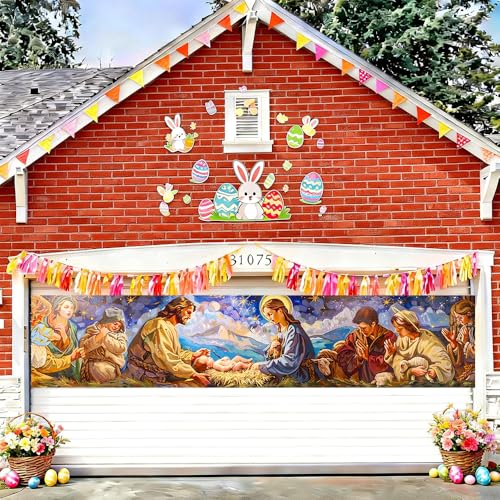 Image of Peaceful Winter Village Banner 78.7 x 17.7 Inch Family Scene in Snowy Landscape Cozy Cabin Design for Holiday Home Garden Fence or Indoor Wall Display Seasonal Decoration