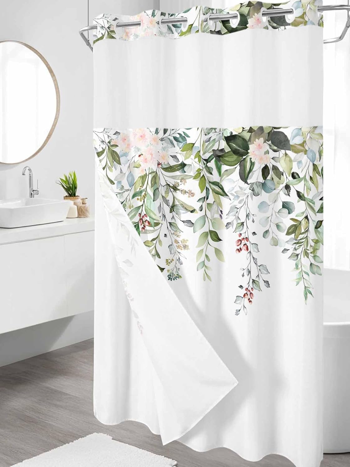 No Hook Shower Curtain With Snap in Liner Sage Green Eucalyptus Leaf Waterproof Shower Curtains with See Through Mesh Top Window Fabric Liner Set for Bathroom, Watercolor Floral Plant 36x72 Inches