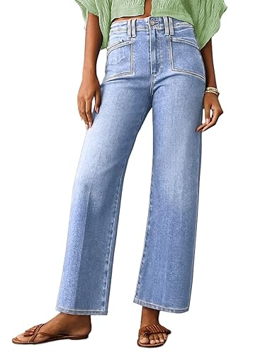 Astylish Womens Wide Leg Jeans High Waisted Stretchy Buttoned Denim
