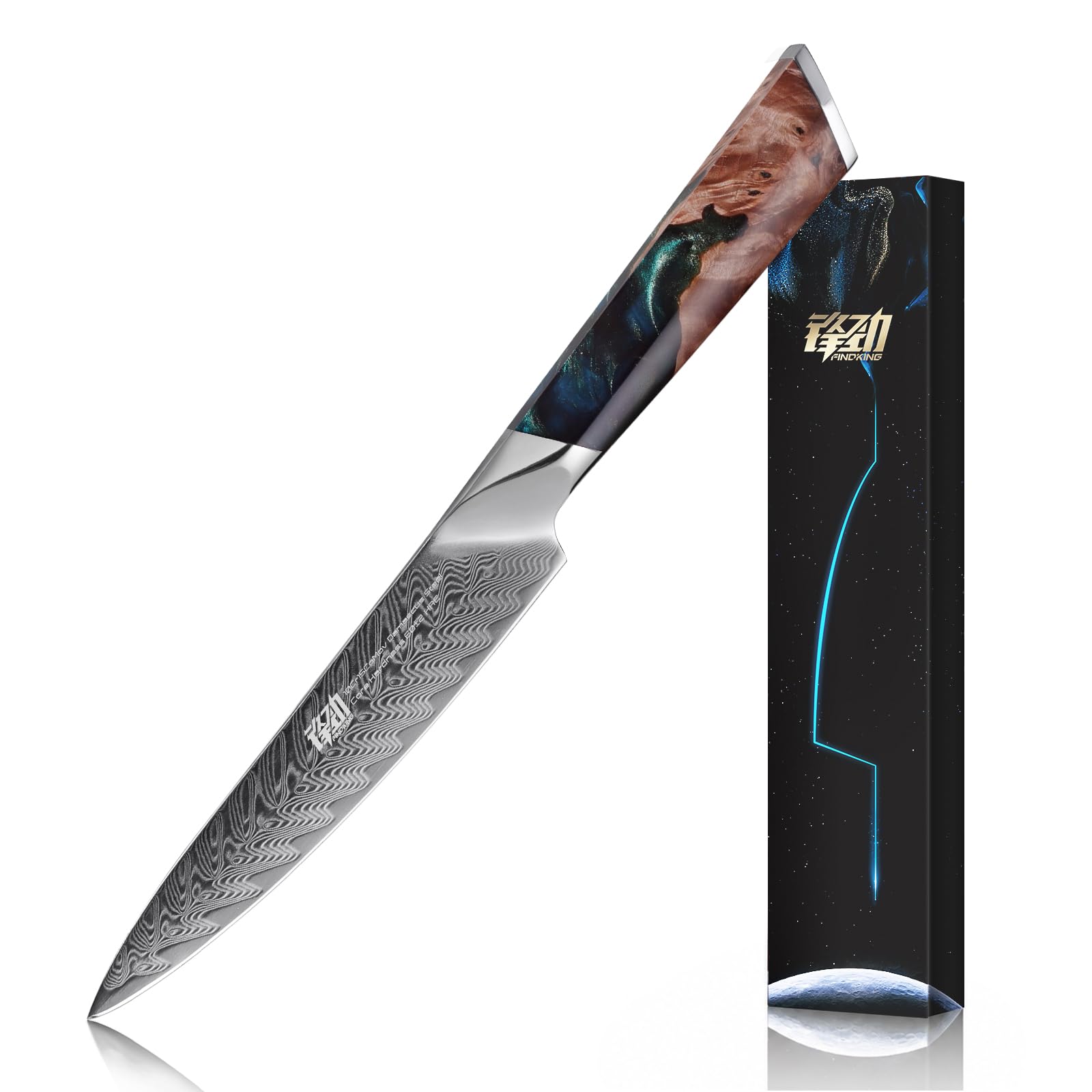 FINDKING Nebula Series Chef Knife with ABS Sheath, Multipurpose Japanese Gyuto Knife, 10Cr15CoMov Damascus Steel Blade, Resin and Figured Sycamore wood Handle, Full Tang, 8 Inch, Blue, for Meat — Amazon image 8