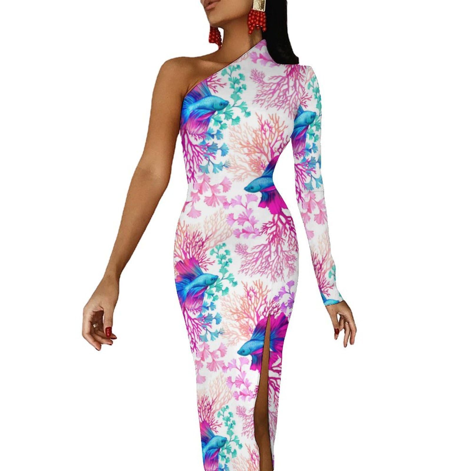 Wytdhelakn Women's Style Sea Rainbow Fish Swimming In Coral Reefs Maxi Dress One Shoulder Long Sleeve Bodycon Party Cocktail Dresses Clubwear