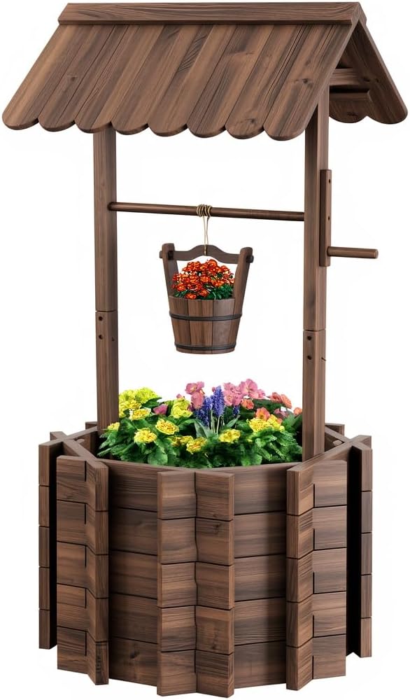 Wishing Wells for Outside,Wooden Wishing Well Planter,Rustic Flower Planter for Garden Patio Lawn Backyard Home Decor-25.59X25.59X53.14IN Wooden Wishing Wells Large