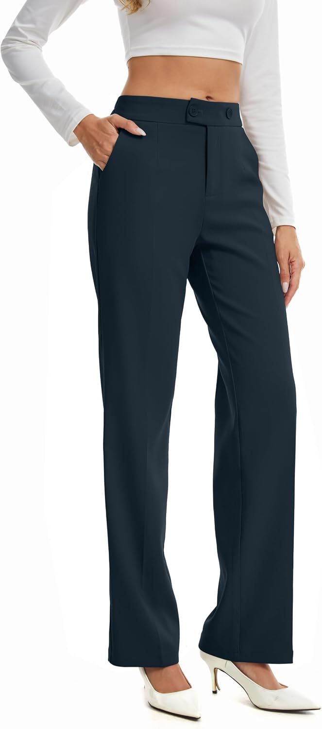 FUNYYZO Office Dress Pants for Women Stretch High Waisted Casual Business Long Trousers Slacks with Deep Pockets
