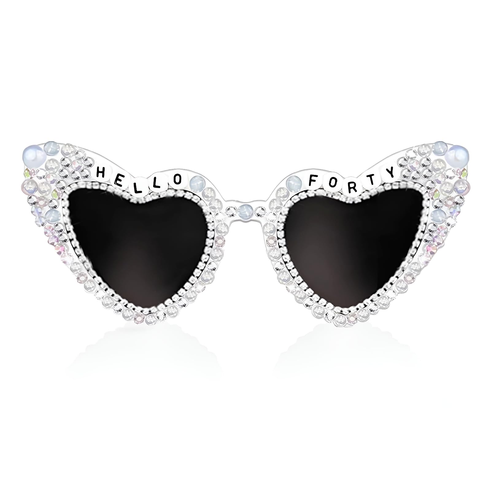 Vxcvzv 1Pcs 40th Birthday Glasses, HELLO FORTY Sunglasses Shiny Diamond Pearl Sunglasses birthday accessories for women White