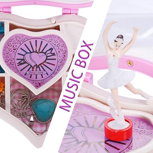 Vista 5 de Joyero musical para niñas con temática de bailarina Caja de música de bailarina giratoria en forma de corazón para aretes, collar, pulsera (rosa)