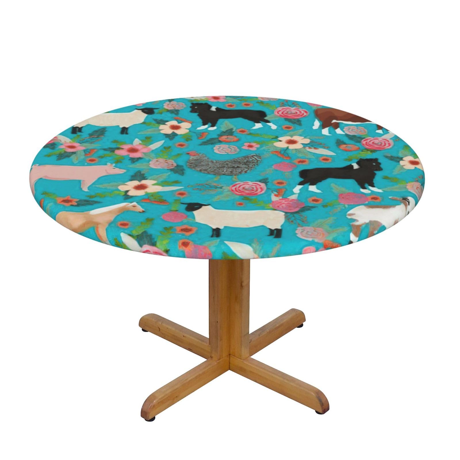 DUWAA Sheep Print Oxford Fitted Table Cover For Patio Picnic, Waterproof Round Tablecloth For Home And Outdoor