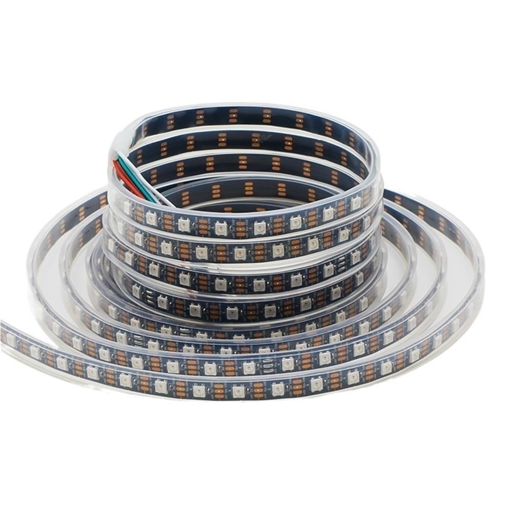 Exterior/interior decorativos, Tira de luces LED de 5 metros, SK6812 DC5V 5050SMD, 30/60/144 LED/m, RGB, con soporte de cobre y cable dorado.(Black PCB-IP67,144leds/m)