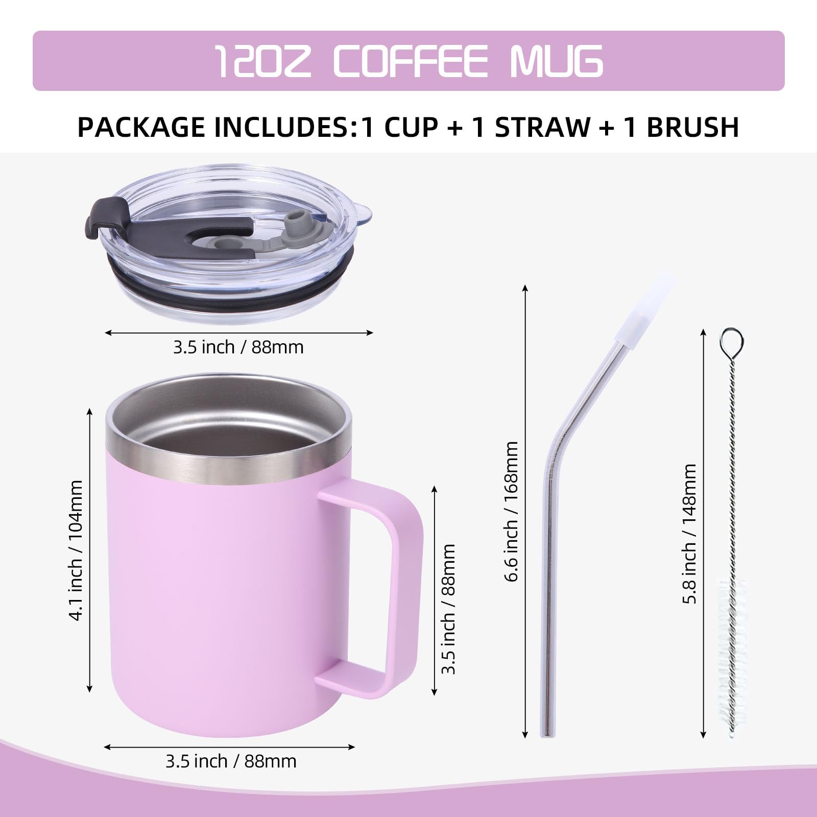 Volhoply 12oz Insulated Leakproof Coffee Mug with Sliding & Straw Lid,Double Wall Vacuum Stainless Steel Travel Cafe Tumbler Cup with Handle,Reusable Camping Mugs Keep Cold/Hot(Purple,1 Set) - Image 2