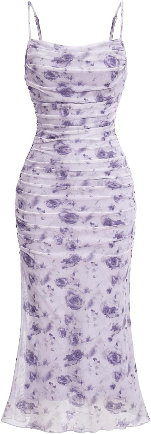 GORGLITTER Women's Floral Ruched Bodycon Midi Dress Sleeveless Fishtail