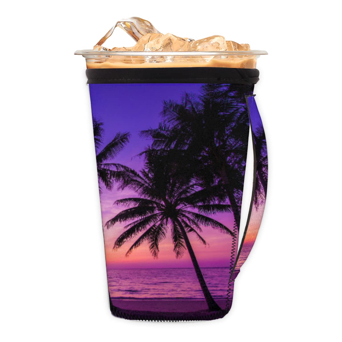 Charming Sunset Print Iced Coffee Cup Sleeve for Cold BeveragesTropical Beach Neoprene Cup Sleeve with Handle Coffee Tea Cups Insulated Sleeves (24 oz)