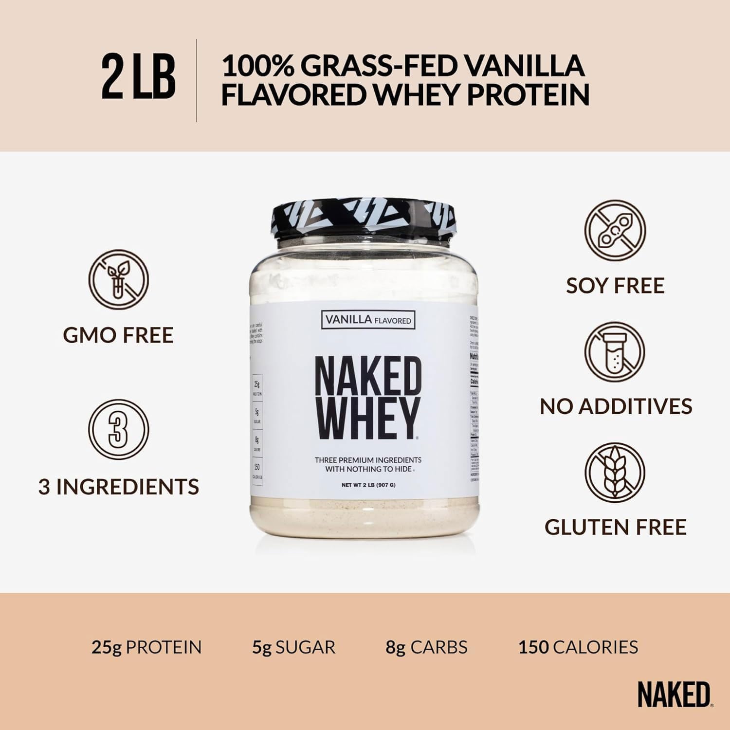 NAKED Whey Vanilla Protein Powder - Only 3 Ingredients - Grass Fed Whey Protein Powder, Vanilla Flavor, and Organic Coconut Sugar, No GMO, No Soy, and Gluten Free - 24 Servings - Image 3