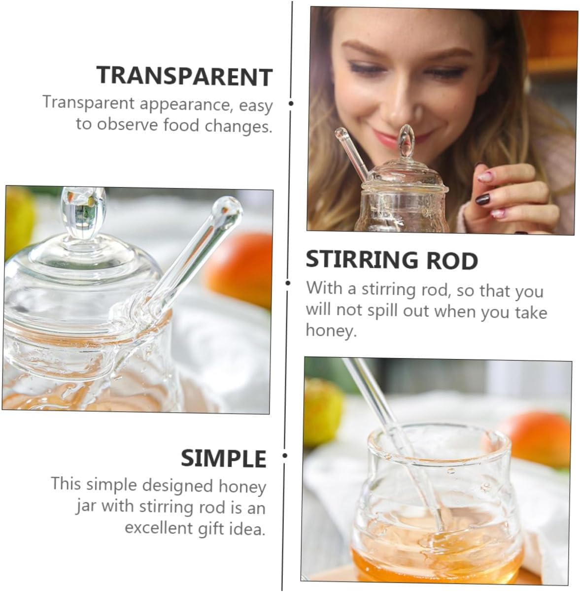 Glass Honey Jar 245ml with Stirring Stick, Bee Honey Pot and Seasoning Container, Glass Storage Jar for Kitchen and Dining Use
