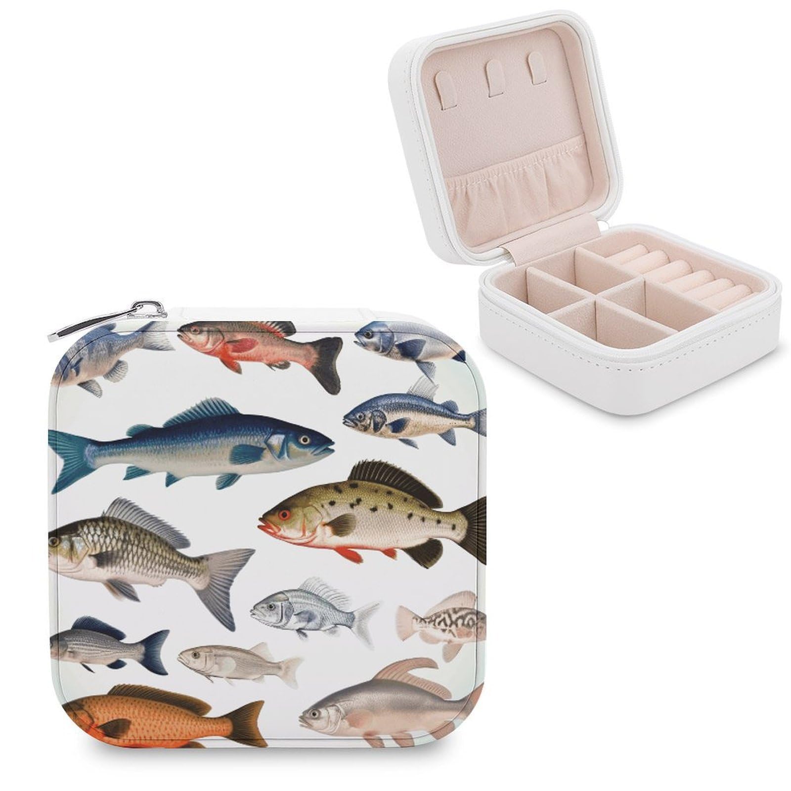 FekiLoot Different Fish Jewelry Box Custom Jewelry Travel Case Pu Leather Trinket Organizer Box to Organize Ring Pendant Earring Small Portable Jewelry Storage Holder for Women