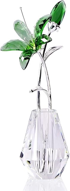 Crystal Floral Figurine Lily Flower Collectible Gifts for Women, Glass Lilium with Crystal Vase Metal Stem for Home Ornaments (Green)