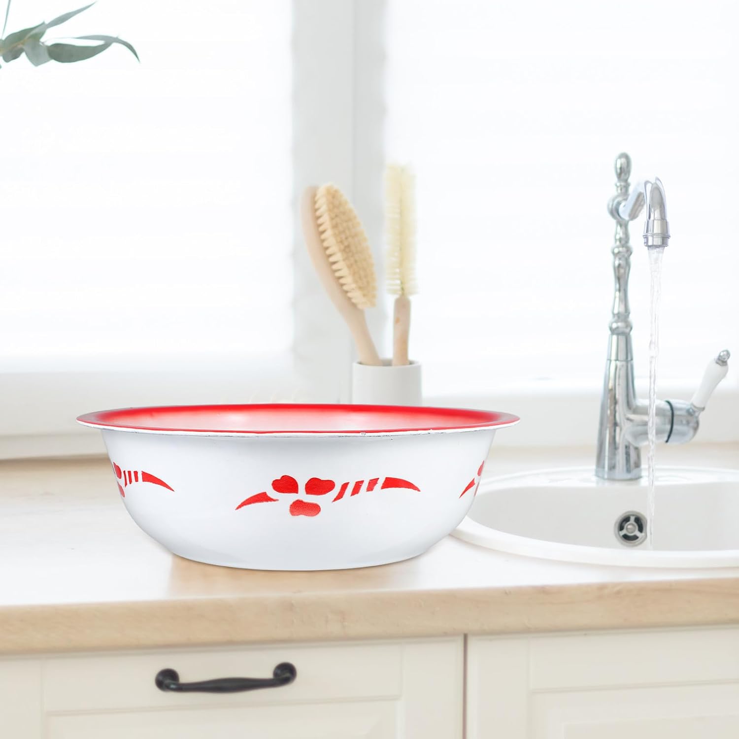 Large Enamel Basin 36cm Thickened Vintage Enamelware Mixing Bowl Deepened Kitchen Fruit and Soup Wash Basin for Cooking and Food Preparation