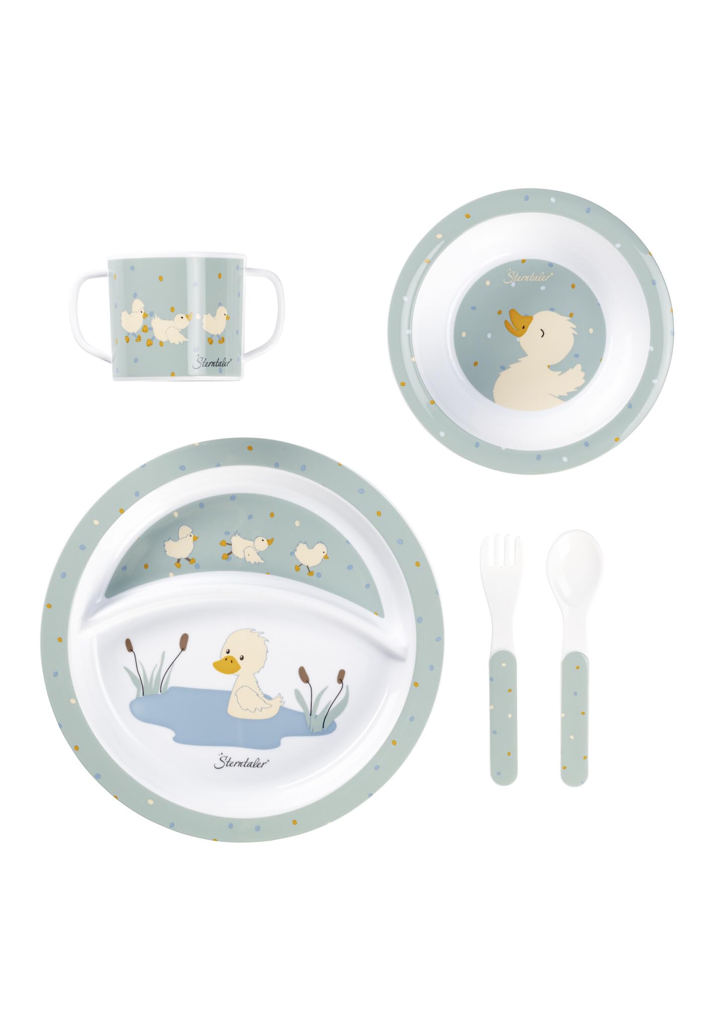Lot De 5 Sets De Table Bébé Edda Lou - Tasse, Assiette, Bol, Couverts, Dessous Antidérapant - Motif Canard (vert Pierre)