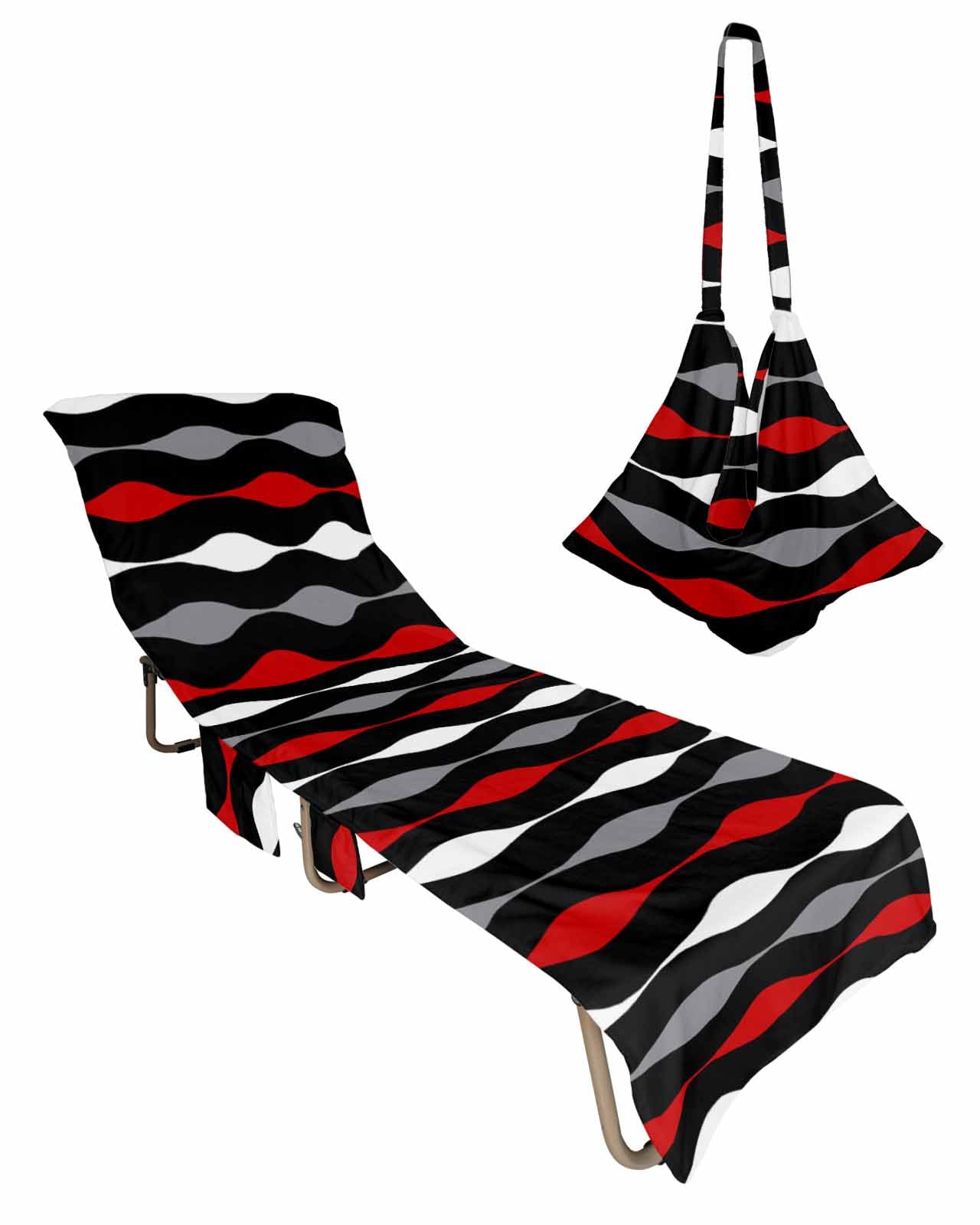 Red Black Stripe Beach Chair Cover with Side Pockets, Microfiber & Quick Dry Pool Chaise Lounge Chair Towels Covers for Sun Sunbathing Patio Garden Hotel, Boho Grey White Bohemian Modern Geometric