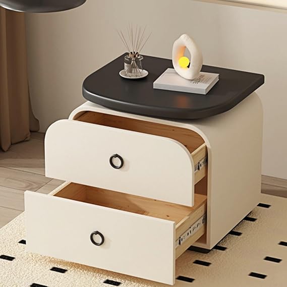 Bedside Table Nightstand Storage Solution Two Drawers Ring Pulls Black Surface for Bedroom Bedroom(Black,Medium)