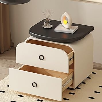Bedside Table Nightstand Storage Solution Two Drawers Ring Pulls Black Surface for Bedroom Bedroom(Black,Medium)