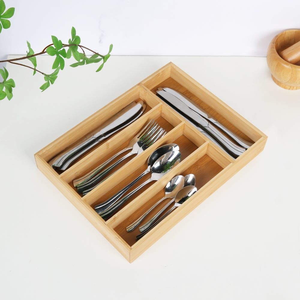 Danube Home Aaron Bamboo Cutlery Tray, 5 Section Nature | Bamboo Cutlery Box Organizer, Silverware Storage For Kitchen Drawers For Kitchen & Dining Room | L35.5Xw26.5Xh4.5CM - Clear