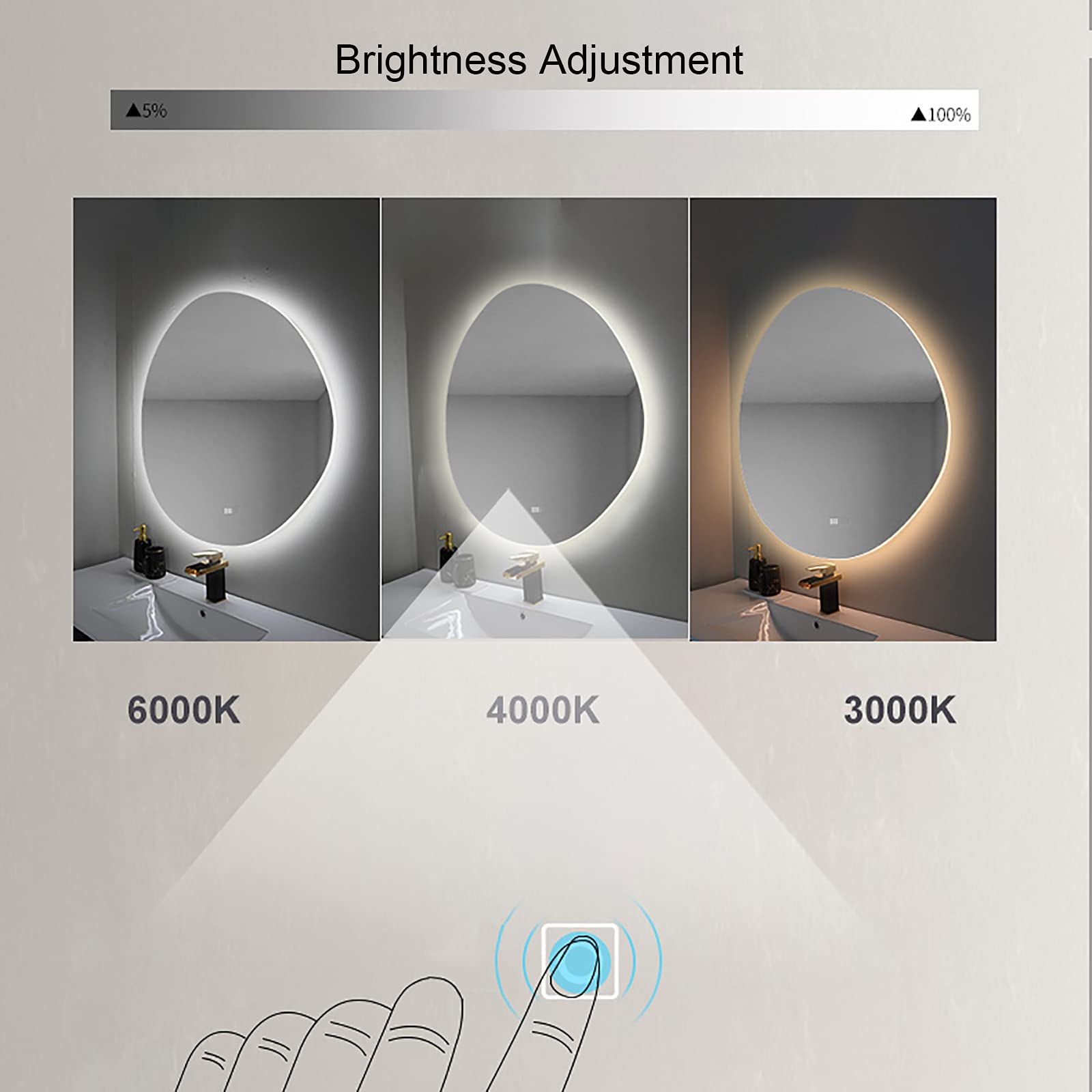 Lustro łazienkowe z akrylu LED z przyciskiem Smart Touch, ściemnialne lustro do makijażu, lustro ścienne podświetlane 3000k-6000k