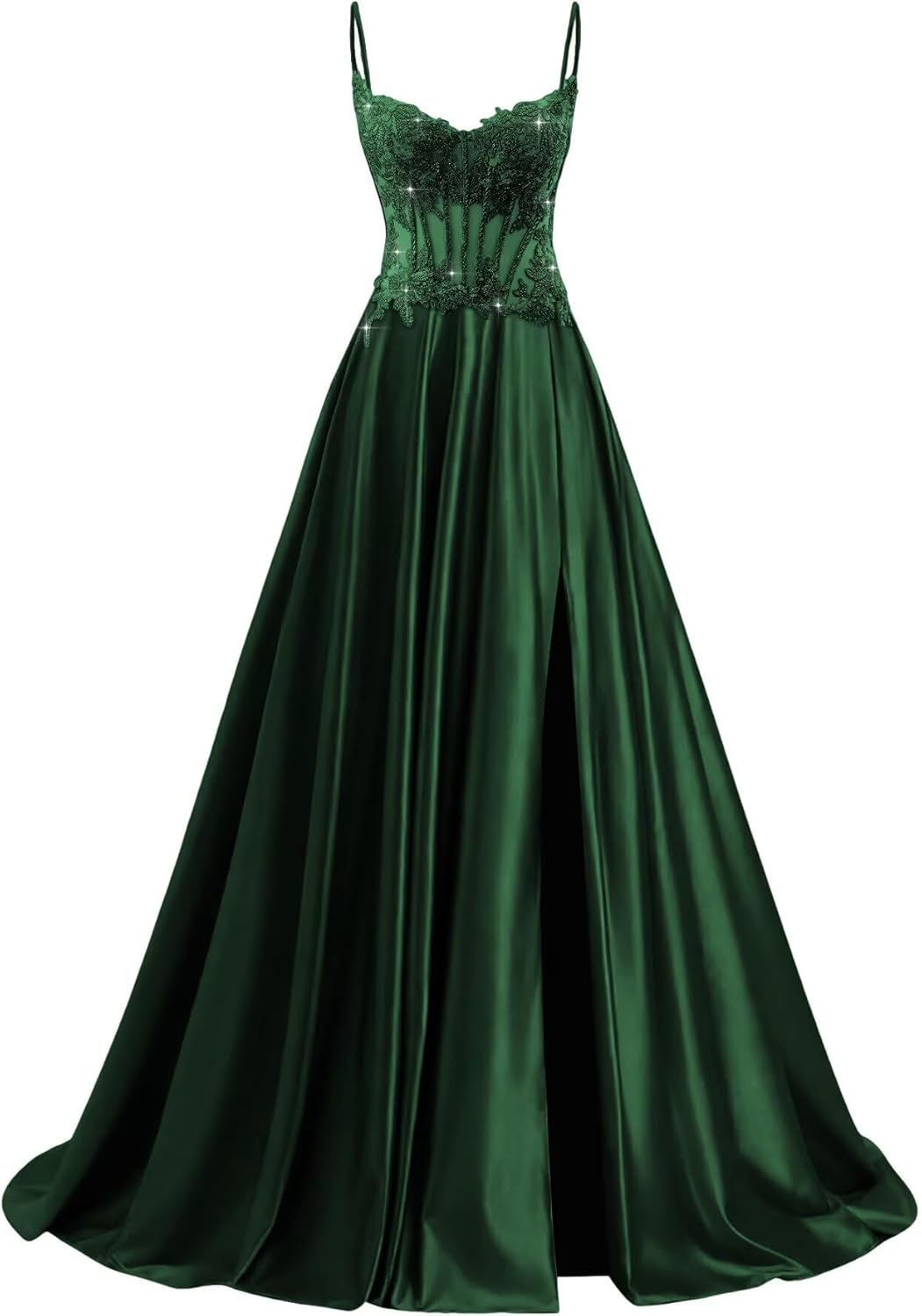 Spaghetti Straps Satin Sequin Prom Dresses Long Lace Appliques Formal Party Dress AS035