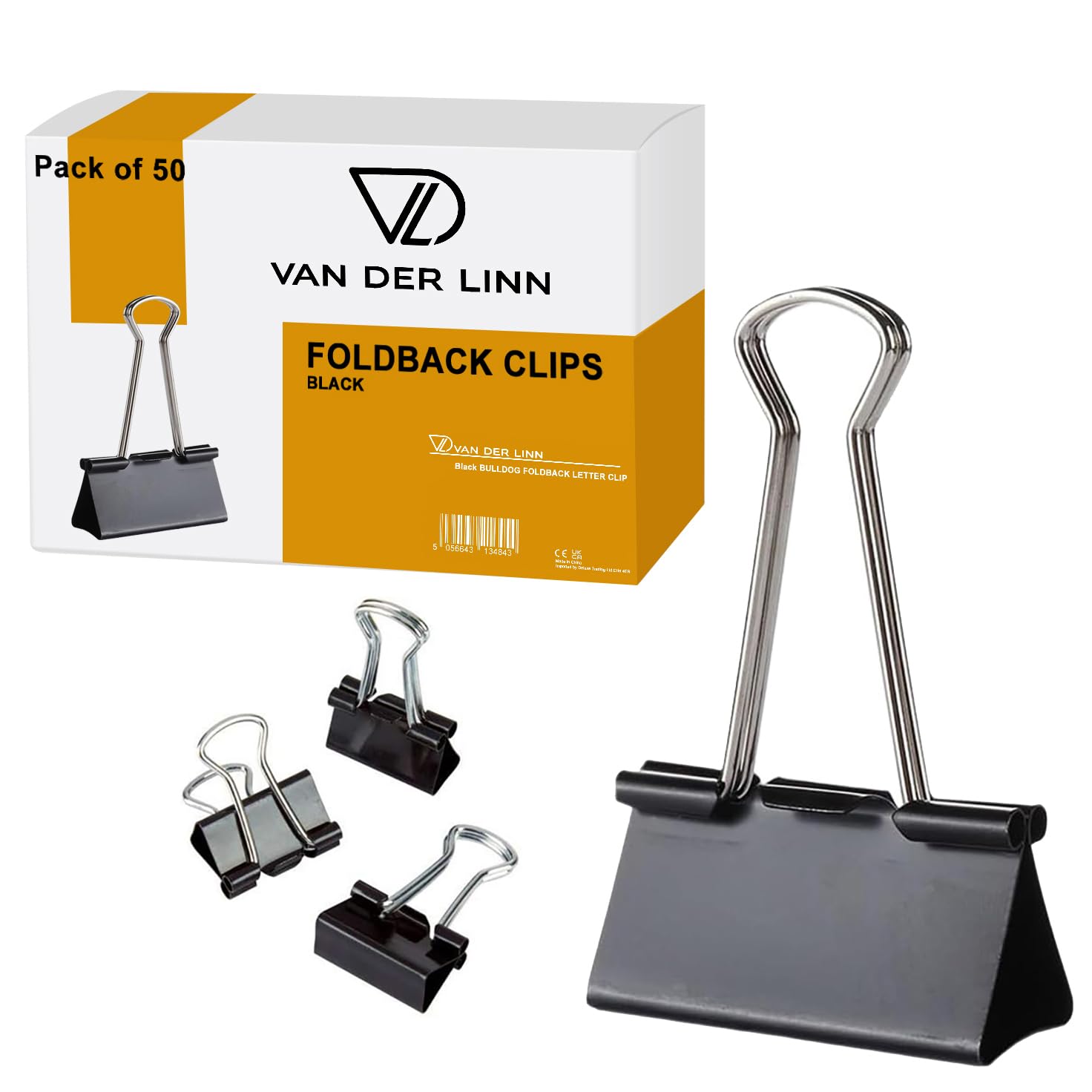 Van Der Linn 25mm Black Bulldog Foldback Clips Metal Paper Binder Grip (50)