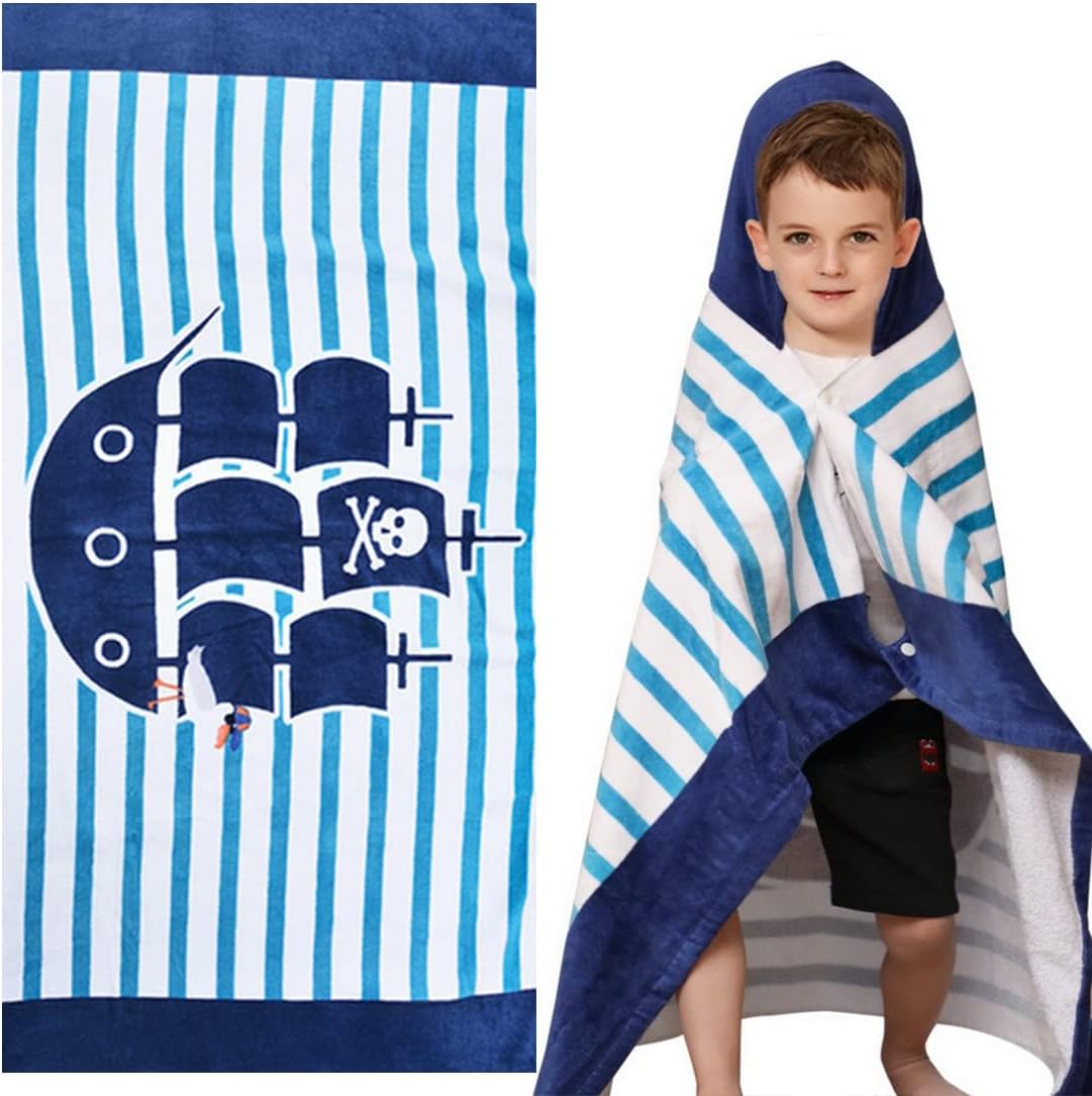 Hooded Bath Towel for Kids Boys 2 to 7 Years Old, SearchI Fast Drying Beach Towel for Swim Cover Pool Ultra Absorbent 100% Cotton Poncho Bath Towel 50x30 Inches(Sailboat)