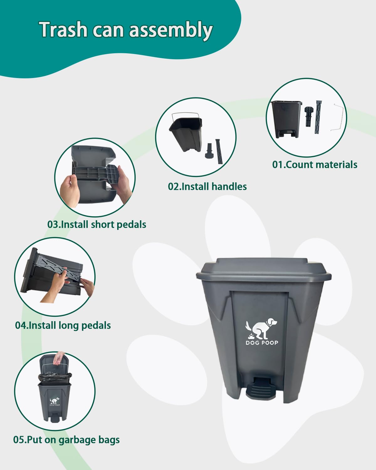 Poubelle d'extérieur pour chien avec couvercle – Poubelle étanche de 20 L pour jardin, pédale, doublure amovible et 100 sacs – Conteneur à déjections canines étanche pour une utilisation en