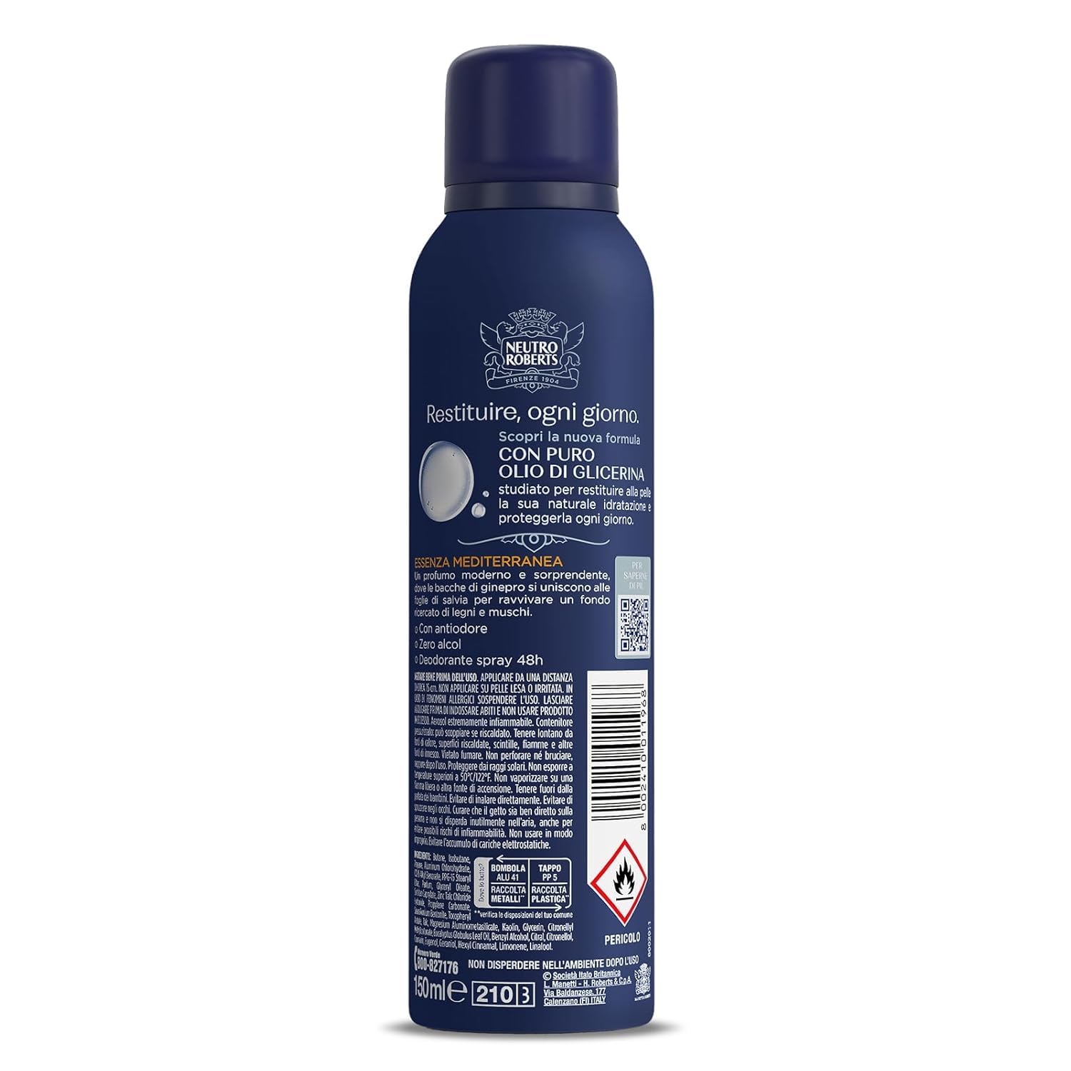 Neutro Roberts Uomo Fresco - 12 deodoranti spray Essenza Mediterranea, zero alcool, protezione 48 ore, 150 ml, + portachiavi Italy Shop Service