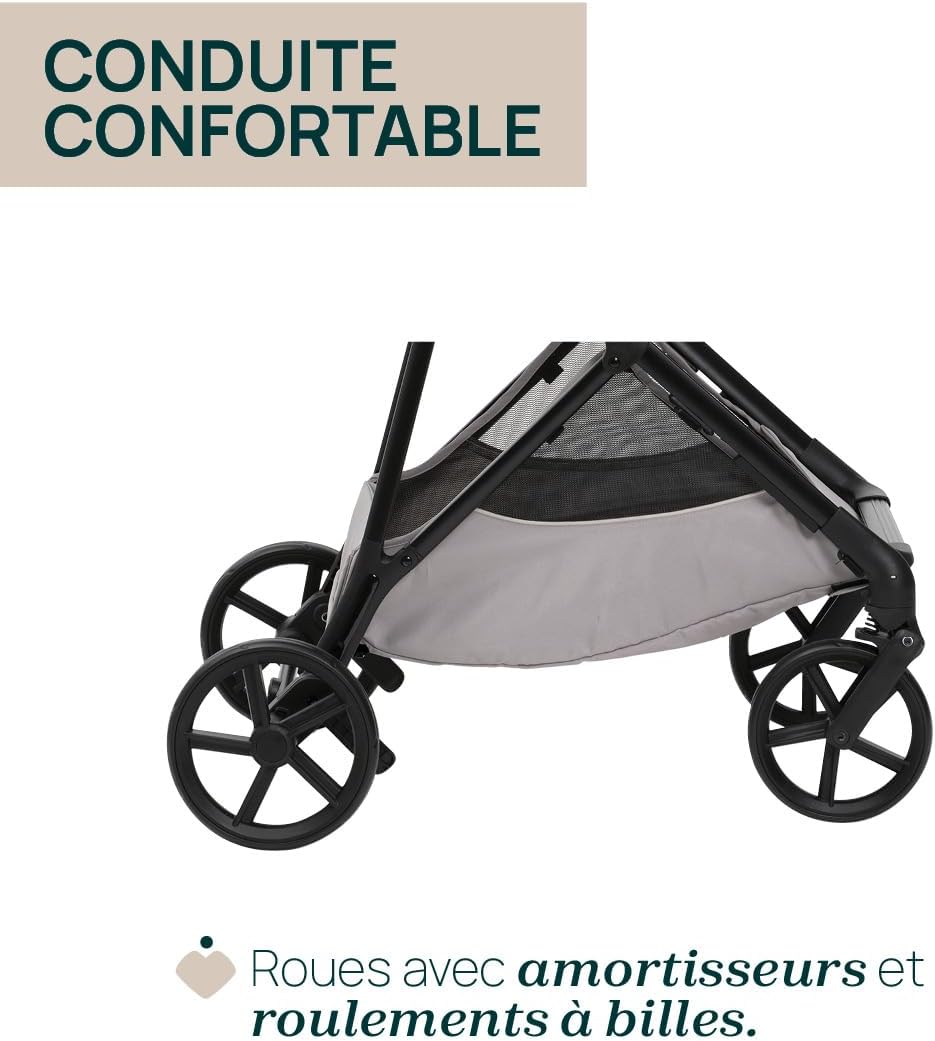 Close-up of the Chicco Seety Stroller wheels, highlighting shock absorbers and ball bearings for comfortable driving.