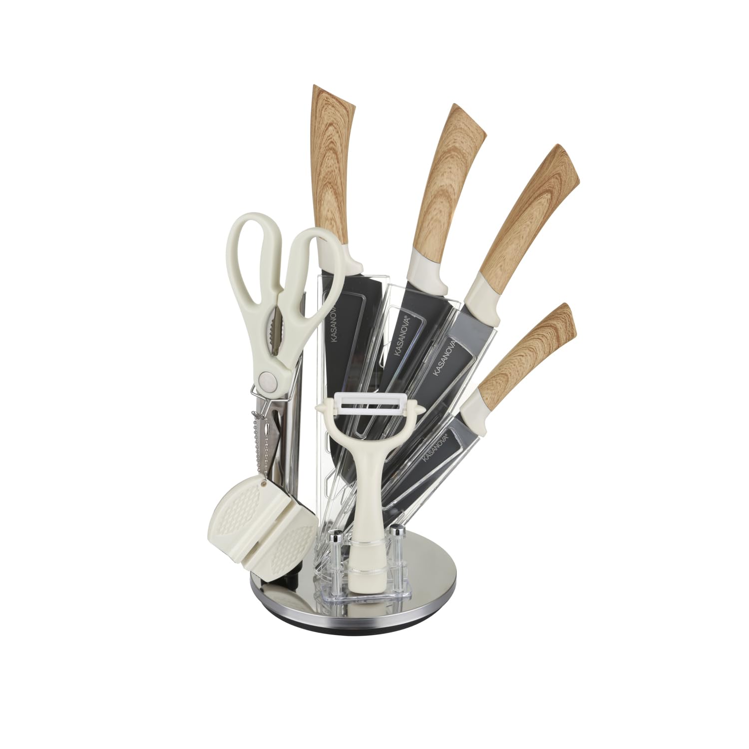 KASANOVA Ceppo 4 coltelli, pelaverdure, forbici e affilacoltelli effetto legno