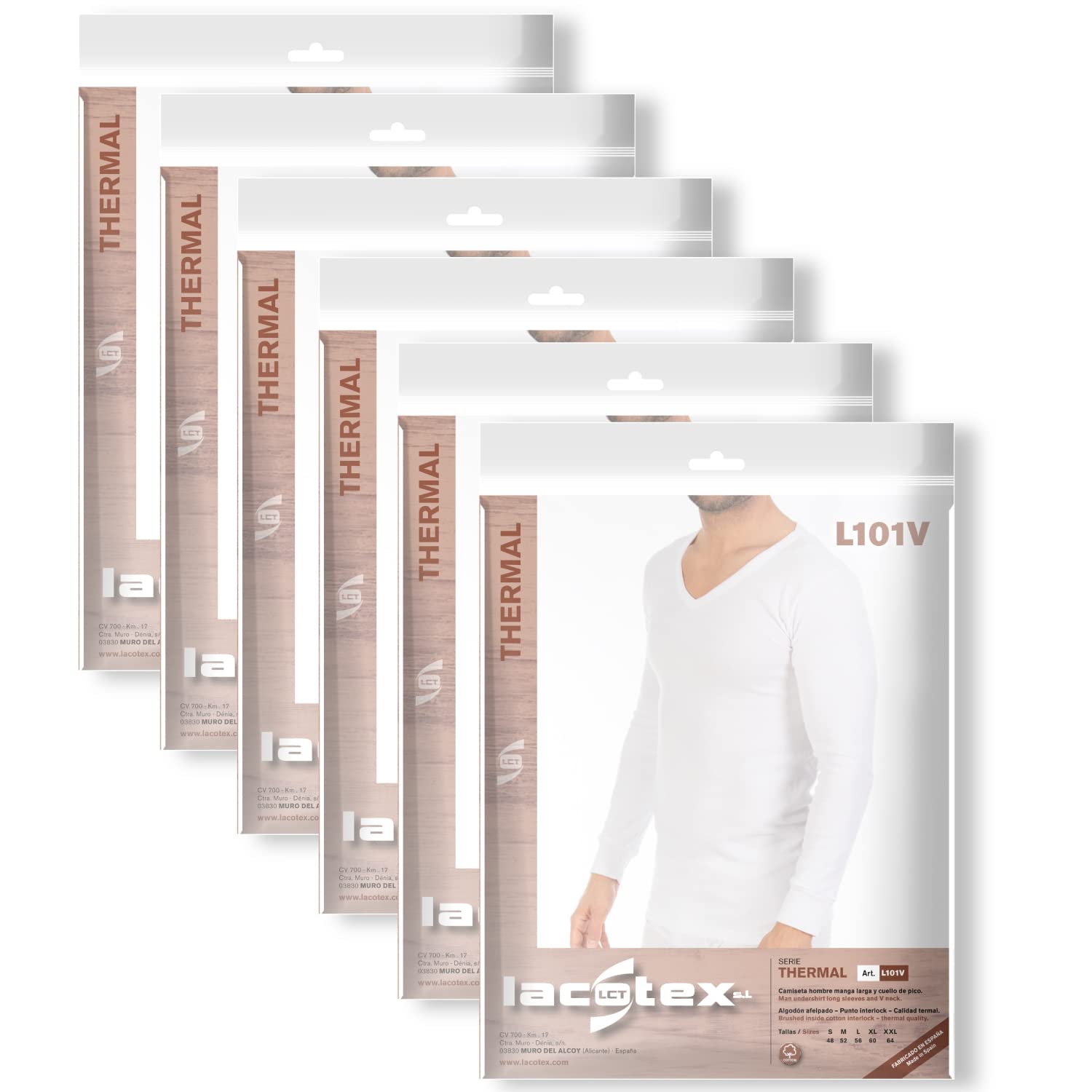 Lacotex Camiseta Interior Termal de Hombre | Camiseta Manga Larga y Cuello Pico Térmica | Confort y Protección Térmica Interior | Pack Ahorro 6 Unidades | L101V