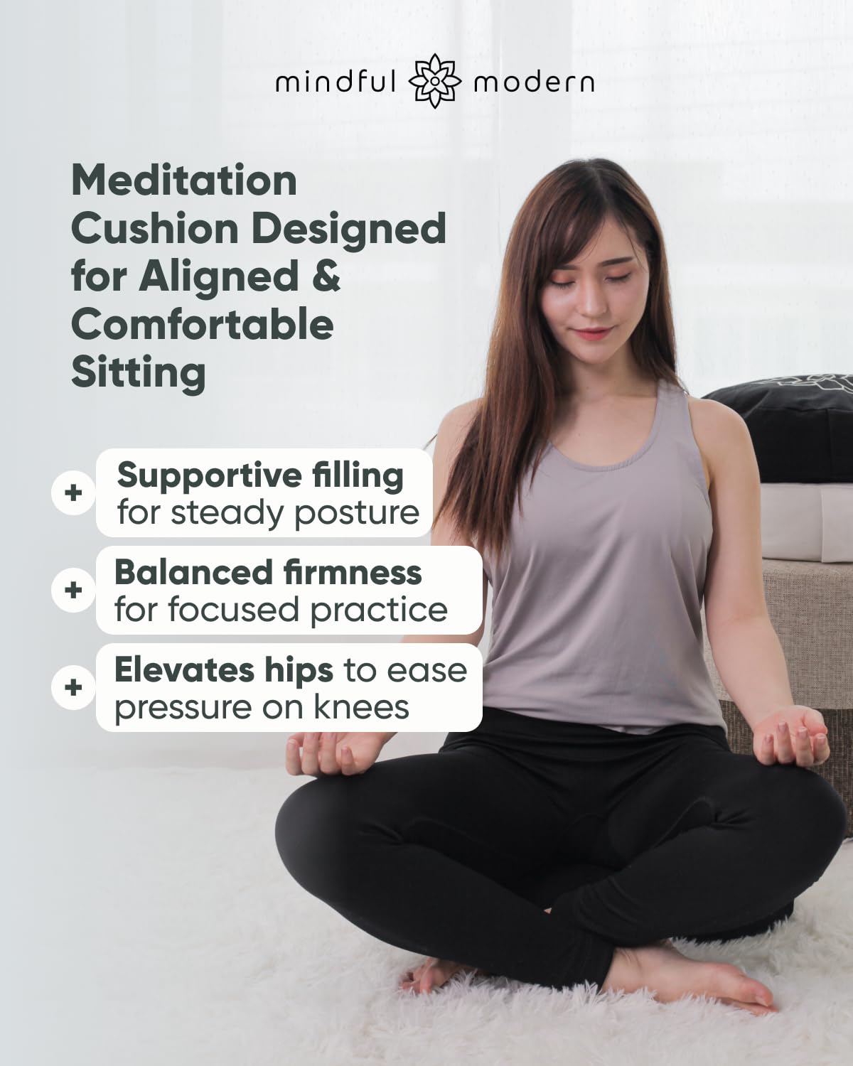 Cojín de meditación grande Mindful & Modern | Zafu Yoga Bolster Meditación cojín de suelo | Cojín relleno de casco de trigo sarraceno en forma de media luna con funda extraíble lavable + asa de