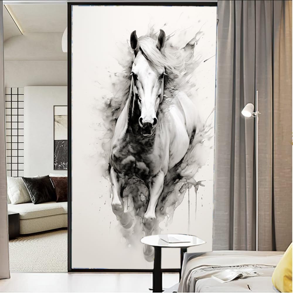 Vintage Pferd Fensterfolie Heat Blocking Ink Painting Weiß Tier Modern Sichtschutz Fenster Dekor Glastür Abdeckung Nicht klebende Fensteraufkleber für Badezimmer Küche 80 * 140 cm