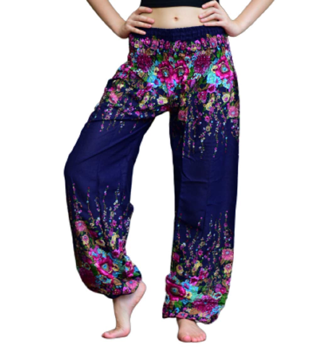 BohotuskWomens Harem Hippie Pants Baggy Boho Patterned High Waist Smocked Waist with Pocket Lounge Trousers for Yoga Summer Beach UK Sizes 8 to 24