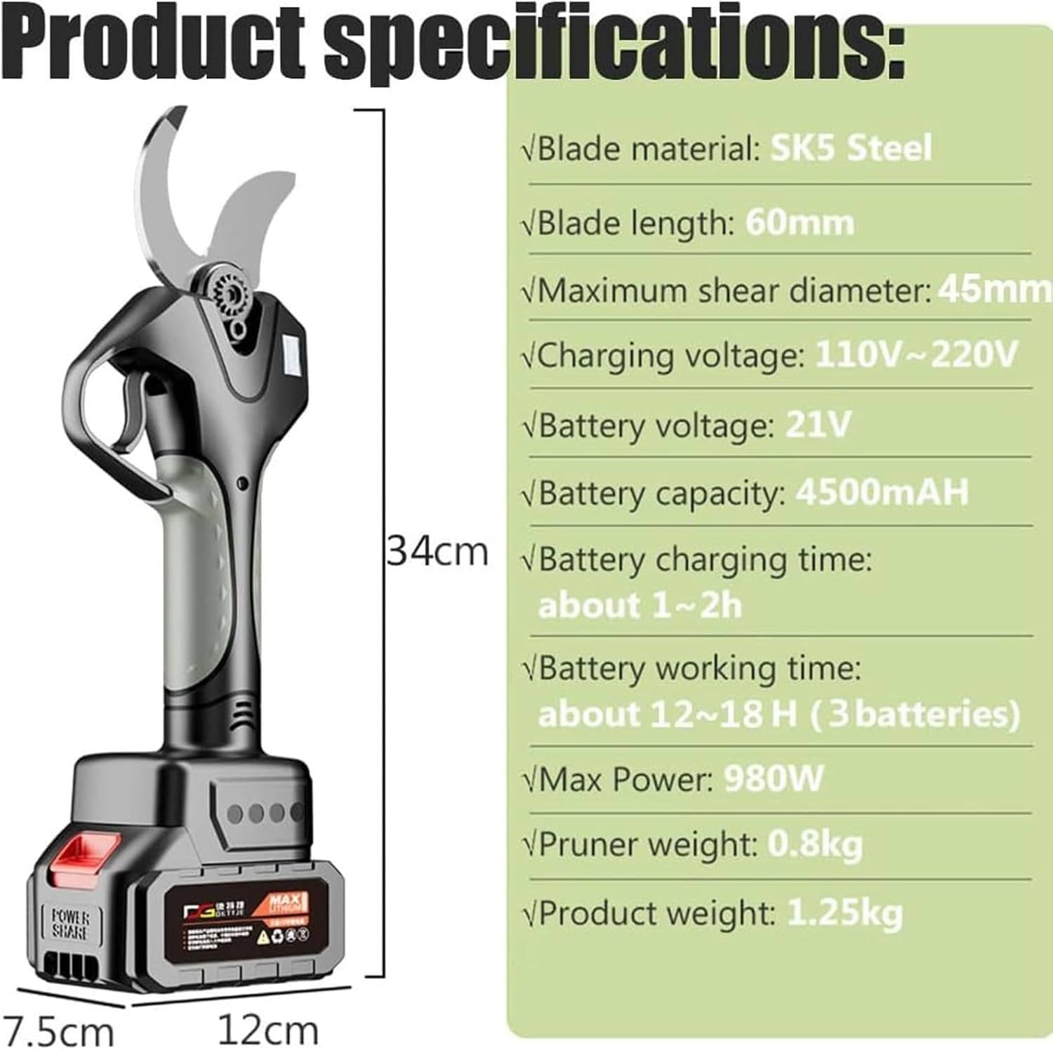 Profesjonalny sekator elektryczny, akumulatorowy sekator elektryczny, profesjonalny sekator elektryczny 45 mm z drążkiem teleskopowym 2,1 m, wyświetlacz LCD, bateria litowa,1battery