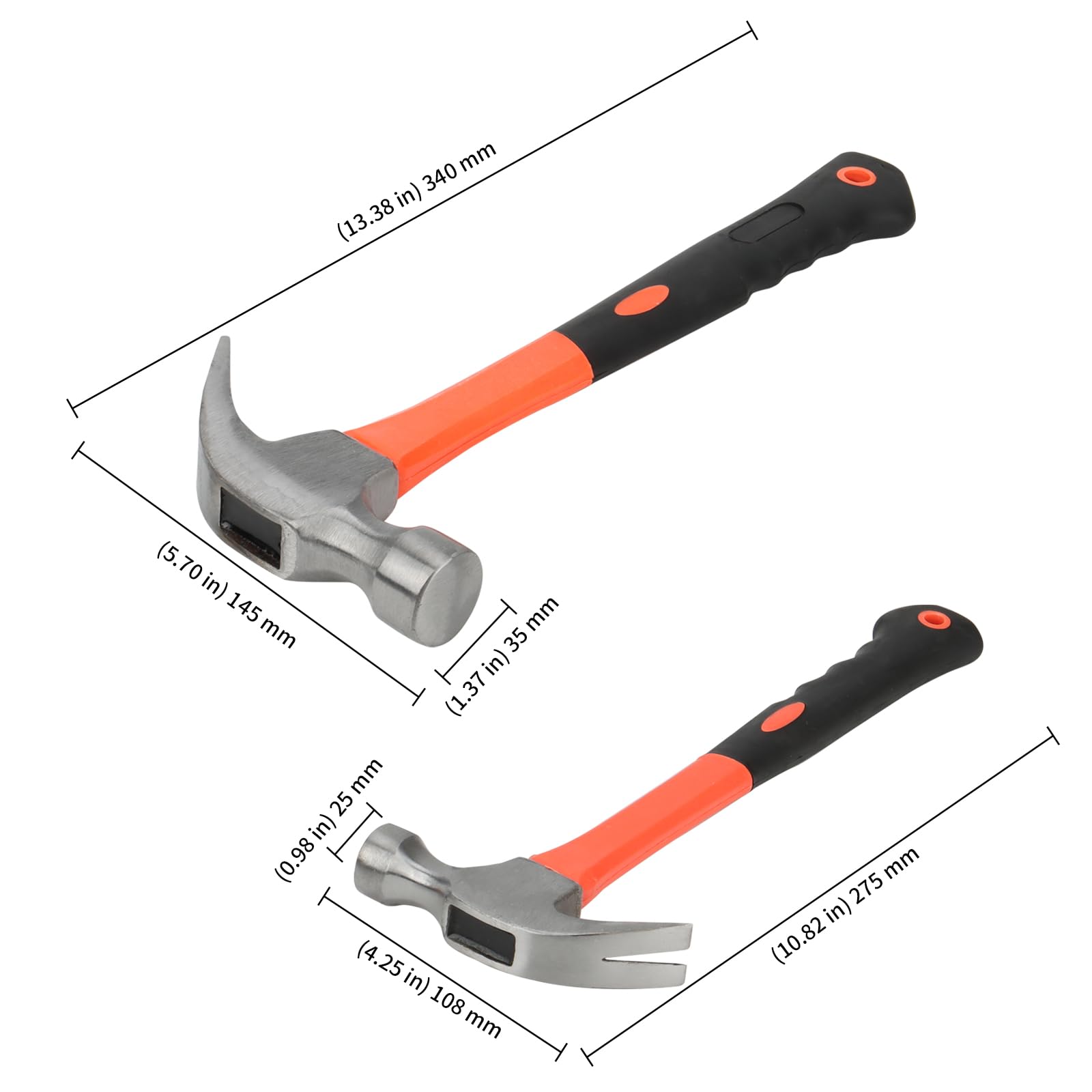 KEILEOHO 2 PCS 2 Sizes Claw Hammer Set, 8oz 24oz Steel Hammer with Non Slip Handle for DIY Projects Home, Office, 250g & 750g - Image 2