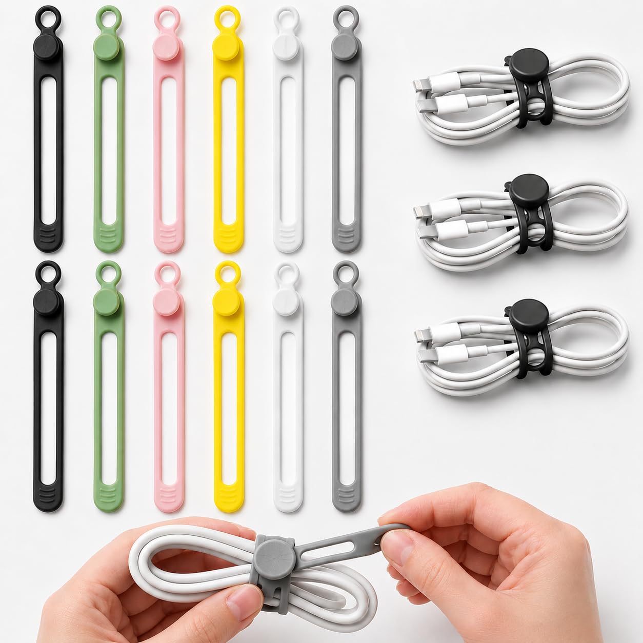 Data Cable Organizer-12pcs Elastic Reusable Silicone Cable Straps Cord Organizer for Bundling and Fastening Earphone, Phone Charger