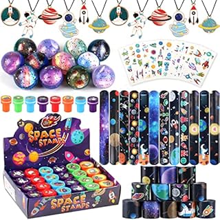 72 PCs Space Party Bag Fillers for Kids Outer Space Bouncy Balls Slap Band Stamps Tattoos Necklace Birthday Return Gifts Space Themed Party Favours for Boys Girls
