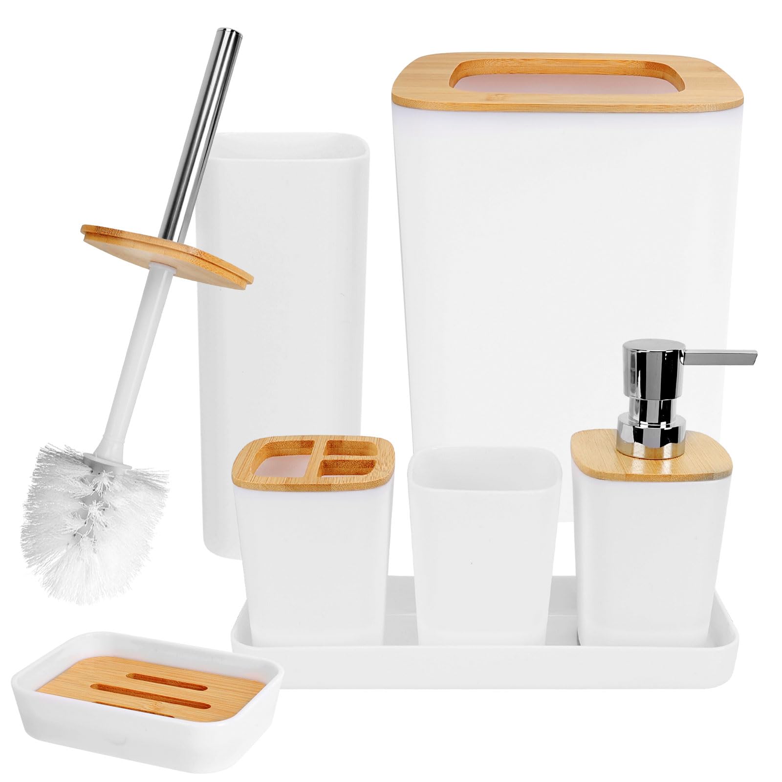 Dadabig Accesorios de Baño de Bambú, Juego de 7 Accesorios de baño, Dispensador de Jabón, Soporte para Cepillos de Dientes, Vaso de Enjuague y Jabonera (Blanco)