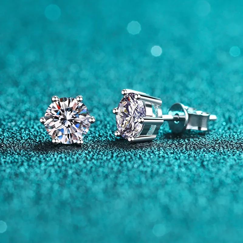 Image of 925 Sterling Silver Stud Moissanite Earrings, 0.6-2ct DF Color Brilliant Round Cut Friction Back for Women & Men, 18K White Gold Plated GRA certified