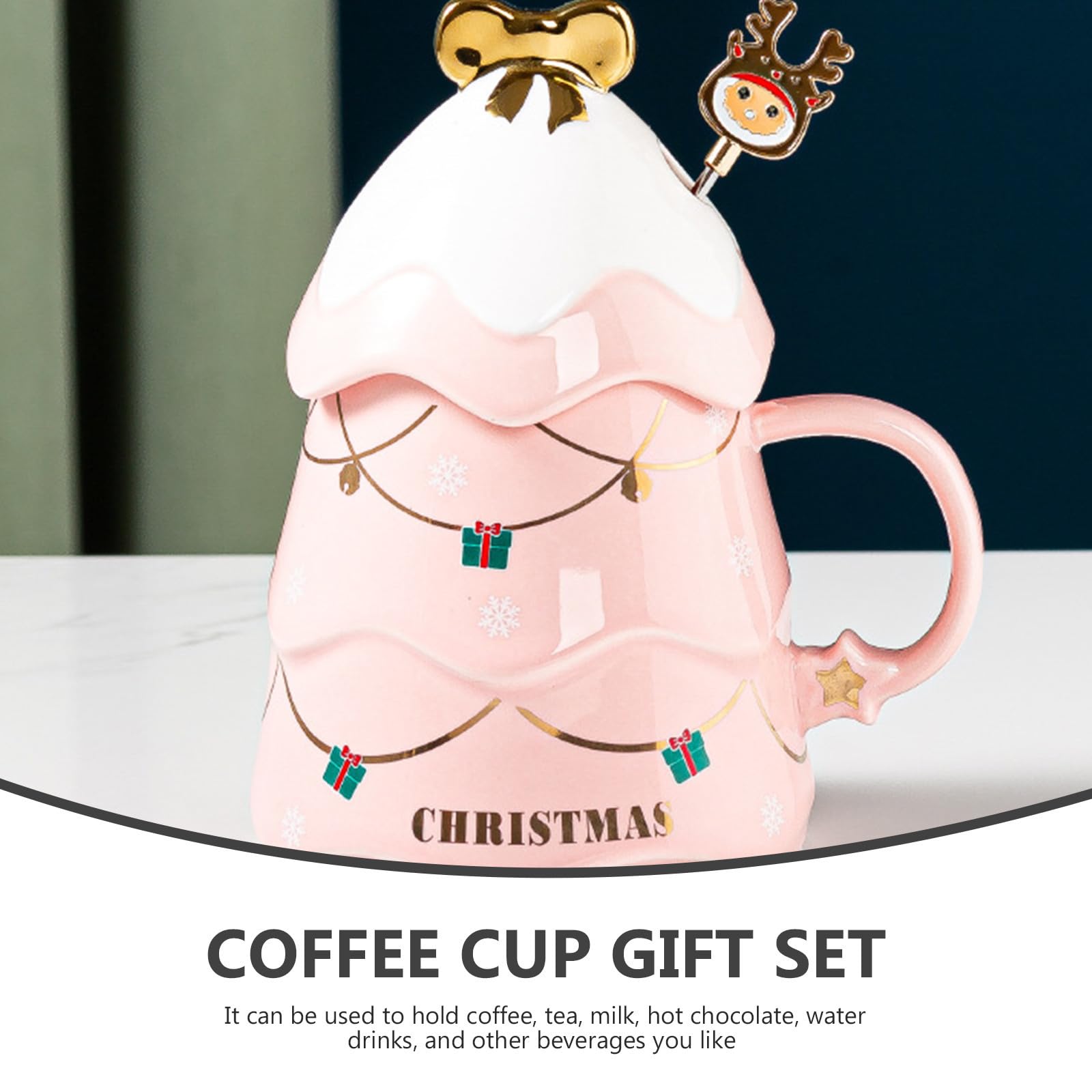 Taza de Cerámica Navideña con Diseño de Árbol, Capacidad 500ml, Resistente al Calor, con Tapa y Cuchara para Obsequio en Navidad