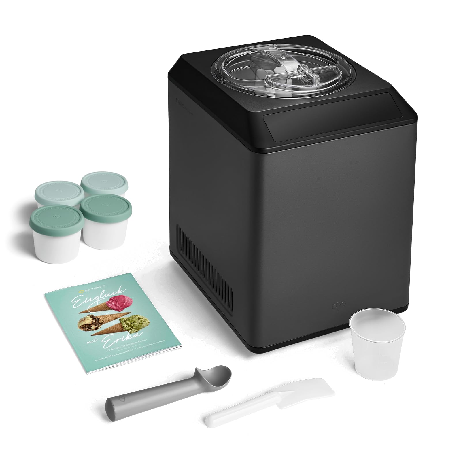 SPRINGLANE Eismaschine & Joghurtbereiter Erika 2,5 L mit selbstkühlendem Kompressor 250W, Eiscrememaschine Edelstahl mit Kühl- und Heizfunktion, inkl. Rezeptheft (Erika + 4 Behälter Mini 400ml Mint)