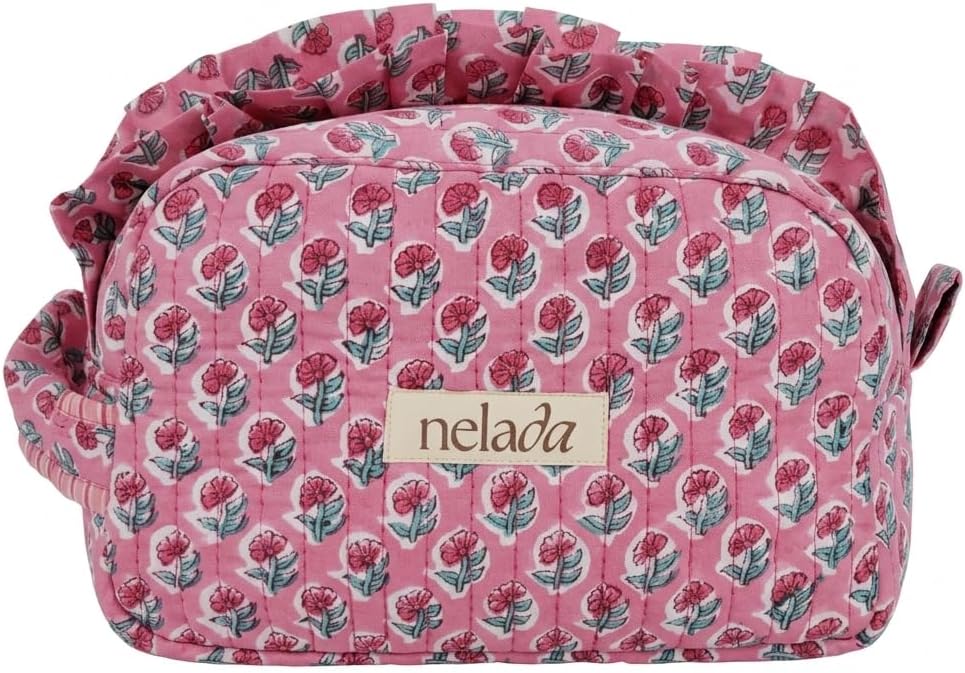 Handcrafted Block Print Quilted Cotton Makeup Bag | 100% Cotton with Elegant Frill Detail | Unique Handmade Gift for Her, Travel Makeup Organizer | Floral Handblock Print (Pink Floral)
