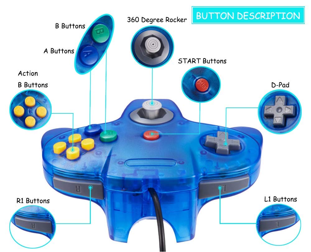 PGYFDAL 2 Pack Classic Controllers for N64 Gaming, Wired N64 Gamepad Joystick with 1 Root 5.9FT N64 AV Controller Extension Cable (Sapphire Blue and Transparent Purple)